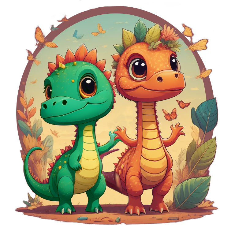 Ceci est une image représentant deux petits dinosaures se tenant la main. Cette illustration a été crée à l'aide d'une Intelligence Artificielle (L'IA). 